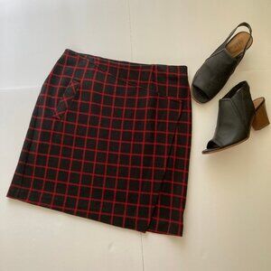 J. Jill Buffalo Print Red Black Faux  Wrap Plaid Knit A Line Skirt M
